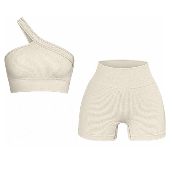 Seamless Ribbed Workout Set Sports Bra One Shoulder Top and Highwaist Sh… - Picture 1 of 6
